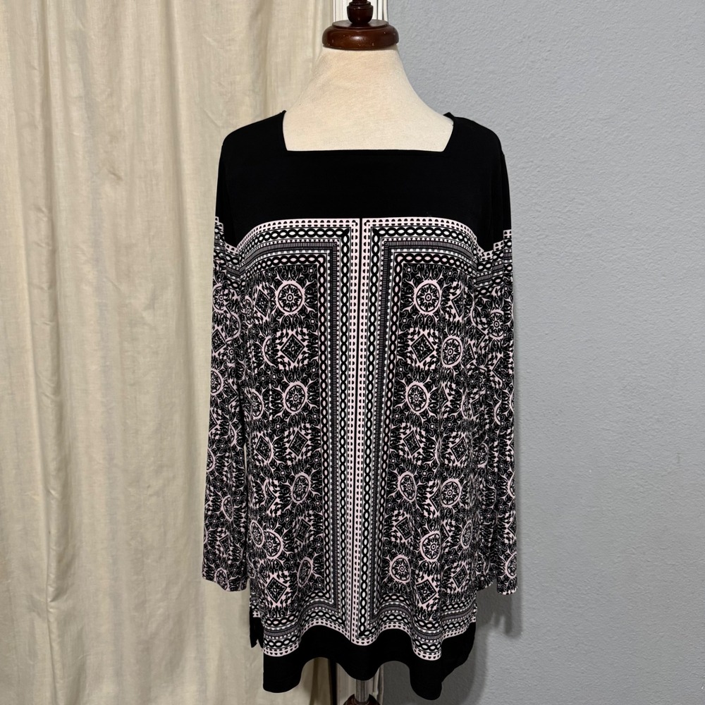 CJ Banks Womens 1X Black Pink Geometric Print Square Neck Long Sleeve Tunic Top